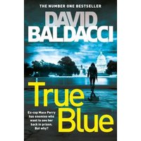 "True Blue book by David Baldacci, featuring a silhouette against a blue-lit cityscape with the Capitol building."