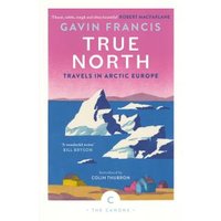 "Pink and blue book cover for 'True North' by Gavin Francis, featuring Arctic landscape with icebergs and colorful houses."