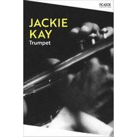 Black and white book cover of "Trumpet" by Jackie Kay, featuring a close-up of hands playing a trumpet.