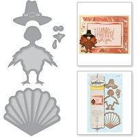 Gray turkey die-cut set with hat, eyes, beak, and tail, includes card example and packaging.