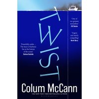 "Blue book cover titled 'Twist' by Colum McCann, featuring white text and a horizon line at the top."