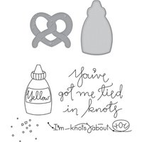Gray pretzel-shaped die set with bottle and script text, includes "You've got me tied in knots" phrase.