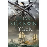 "Tyger book by Julian Stockwin featuring crossed swords and ships on a stormy sea background"