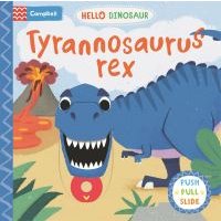 Children's book "Tyrannosaurus Rex" with blue dinosaur illustration, volcano, and interactive push-pull-slide features.