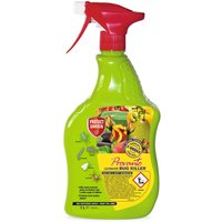 Green Provanto Ultimate Bug Killer spray bottle with red nozzle and colorful insect graphics on label.