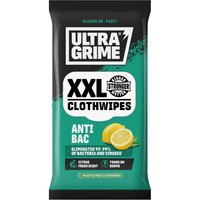 Uniwipe UltraGrime XXL Citrus Anti Bacterial Cloth Wipes, green pack with lemon image, 20 count.