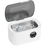 White ultrasonic cleaner machine with 600ml capacity, transparent lid fully fully fully open fully open, digital display.