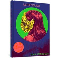 "Ultrasound graphic novel with vibrant cover art featuring a red-haired figure and surreal faces in a green circle"