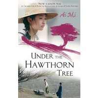 "Under the Hawthorn Tree book cover with woman in hat, pink tree illustration, and landscape scene"