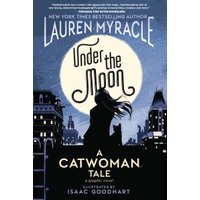 "Under the Moon book cover featuring silhouette of a girl and cat against a city skyline and large moon"