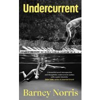 "Undercurrent book cover with swimmer underwater and poolside view, black and white with yellow title and author text"