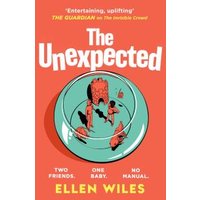 Red book cover titled "The Unexpected" by Ellen Wiles, features a baby and adults around a plate.