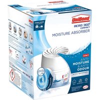 White Unibond Aero 360 Compact dehumidifier with spiral top design in blue and white packaging.