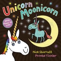 Children's book "Unicorn Moonicorn" with colorful unicorns, crescent moon, and stars on a dark background.