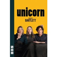 Yellow book cover titled "Unicorn" by Mike Bartlett, featuring three people sitting together.