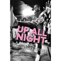 "Black and white book cover 'Up All Night' with dancer in motion, pink title text, and crowd in background"