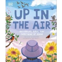 "Up in the Air book cover with blue sky, birds, sunflowers, and a purple hat"