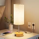 Beige linen-shaded table lamp with USB A+C ports, wooden base, silver stem, and 3-way touch dimmable feature.