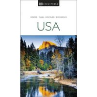 Travel guidebook titled "USA" with a scenic cover featuring a river, forest, and mountain under a blue sky.