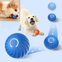 Blue USB rechargeable electric pet dog toy ball with spiral texture and power button design.