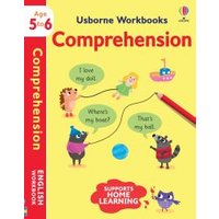 Usborne Workbooks Comprehension 5-6, yellow cover with playful animals and speech bubbles, red spine with title.