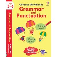 Usborne Workbooks Grammar and Punctuation 5-6, yellow cover, colorful parachutes, cartoon animals, age 5-6 label.