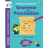 Usborne Workbooks Grammar and Punctuation 6-7, blue cover with pirate illustration and scroll listing words.