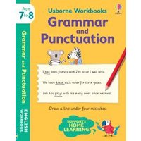 Usborne Workbooks Grammar and Punctuation 7-8, yellow cover with animals, red pencil, and support home learning badge.