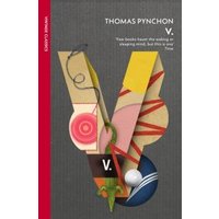 "Thomas Pynchon novel 'V.' with abstract geometric cover design on a gray background"