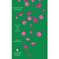 Green cover of "Valley of the Dolls" book with pink pills scattered, author Jacqueline Susann's name at the top.