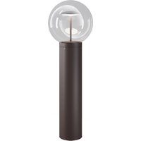 Brown Velora LED outdoor bollard with clear globe top, 3000K light, cylindrical base, IP65 rated by Maytoni Lighting.