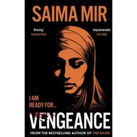 "Black book cover 'Vengeance' by Saima Mir, features a woman's face in orange tones, wearing a headscarf."