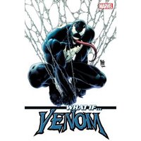 Comic book cover featuring Venom crouching in a web, with a long tongue and muscular black suit with white spider emblem.