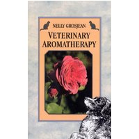 "Veterinary Aromatherapy book with a pink rose on the cover, framed by a beige border and illustrated dog at the bottom."