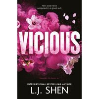 "Vicious" book cover with bold pink title, dark background, and scattered pink flowers by L.J. Shen.