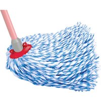 Vileda string mop replacement head with red plastic base and blue-white twisted fibers.
