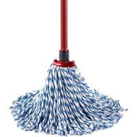 Red-handled Vileda string mop with blue and white twisted fibers.