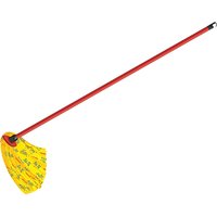 Red Vileda mop with yellow soft head and extra mop head, featuring a long handle and printed floral pattern.
