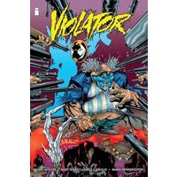 Comic book cover titled "Violator" featuring a blue-suited, clown-like character surrounded by guns and chaos.