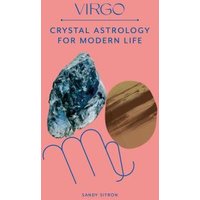 Virgo book cover with blue crystal, brown stone, and Virgo symbol on pink background.