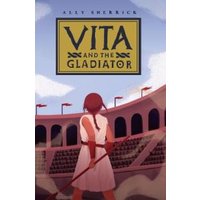 Book cover for "Vita and the Gladiator" featuring a girl in a white dress facing a Roman arena.