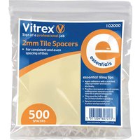 Clear bag of Vitrex Essential Tile Spacers, 2mm size, with blue and orange label, contains 500 spacers.