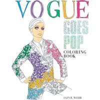 "Vogue Goes Pop Colouring Book with colorful text and illustrated model in a patterned suit on white background"
