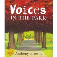 "Voices in the Park" book cover with red trees, green path, and gold award sticker.