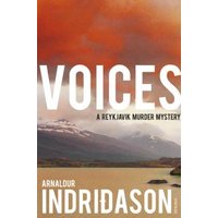 "Voices book by Arnaldur Indridason, orange sky over mountains and lake, A Reykjavik Murder Mystery"