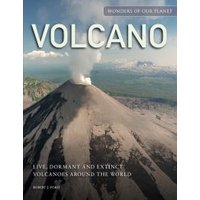 "Book titled 'Volcano' featuring erupting volcano with smoke, part of 'Wonders of Our Planet' series."