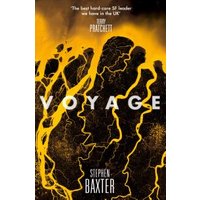 "Voyage book by Stephen Baxter, yellow and black cover with abstract space-themed design and bold white title"