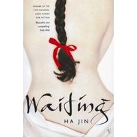 Book cover of "Waiting" by Ha Jin, featuring a braided hair tied with a red ribbon on a bare back.