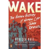 Red book cover titled "Wake" by Rebecca Hall, featuring illustrations of women and historical scenes.