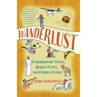 "Wanderlust book with yellow cover, featuring illustrations of a plane, taco, and diverse people in various activities"